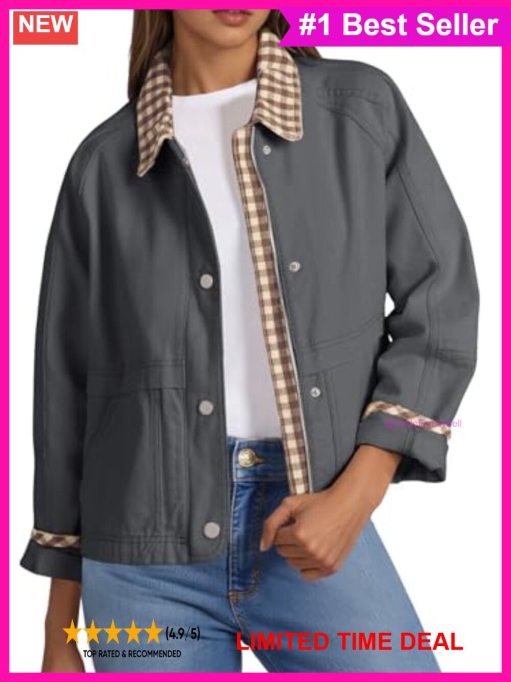 Cropped Barn Jacket Zip Up Lightweight Cotton Plaid Casual Coat